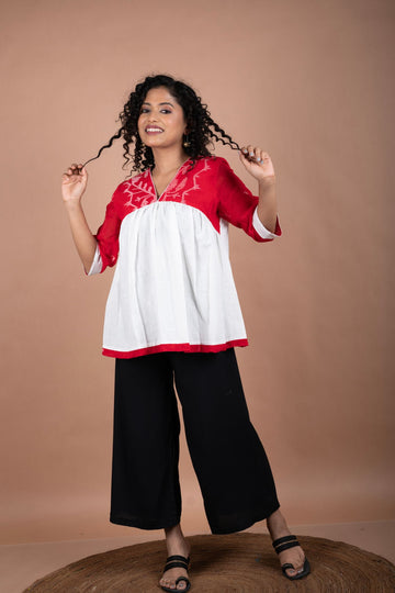 Off-White Handloom Cotton Top with Vibrant Red Jamdani Yoke